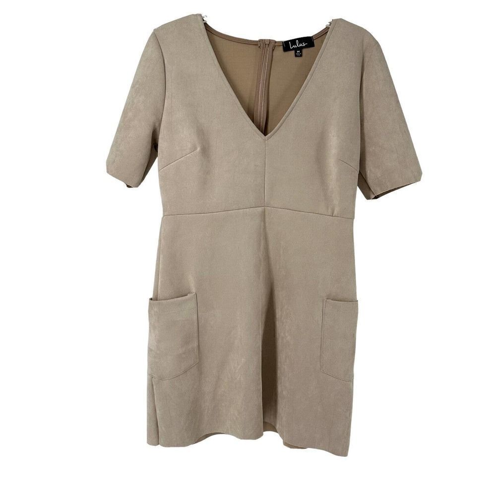 Lulus Dress Micro Suede Short Sleeve V Neck Tan Size M Stretchy Short Sheath